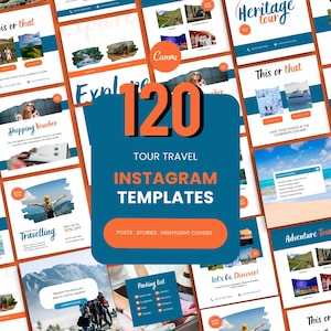 May include: A set of 120 Instagram templates for tour travel, featuring a blue and orange design. The templates include travel-themed graphics and text, such as "Explore", "Heritage Tour", and "Shopping Voucher".