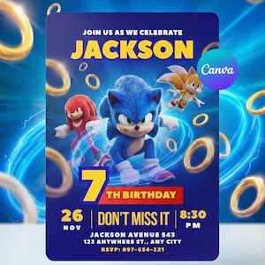 May include: A birthday party invitation featuring Sonic the Hedgehog and friends. The invitation is dark blue with gold rings and text that reads "Join us as we celebrate Jackson's 7th Birthday" and event details.