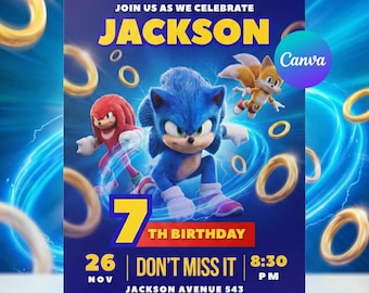 Sonic 3 faire-part d'anniversaire modifiable, inviter à une fête hérisson, modèle Shadow Boys Girls, anniversaire du jeu vidéo, téléchargement numérique Canva