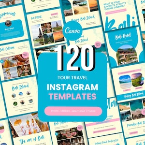 May include: A set of 120 tour travel Instagram templates. The templates feature a range of colours, including blue, white, and yellow. Text includes "Bali Island", "Canva", and "Posts, Stories, Highlight Covers".