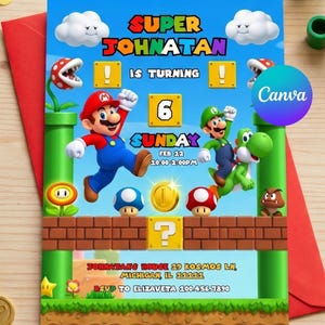 Puede incluir: Una tarjeta de invitación de cumpleaños rectangular con Mario, Luigi y Yoshi sobre un fondo azul con plataformas de ladrillo, nubes y monedas. El texto incluye SUPER JOHNATAN IS TURNING 6 SUNDAY FEB 12 10:00-2:00PM, dirección e información RSVP.