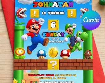 Editable Super Mario Birthday Invitation Template, Classic Mario Bros Party Invite, Kids Gaming Birthday Card, Level-Up Digital Download,