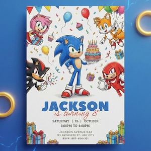 May include: A birthday party invitation featuring Sonic the Hedgehog and friends. The invitation includes the text "Jackson is turning 8" with event details. Colorful balloons, confetti, and gifts surround the characters.