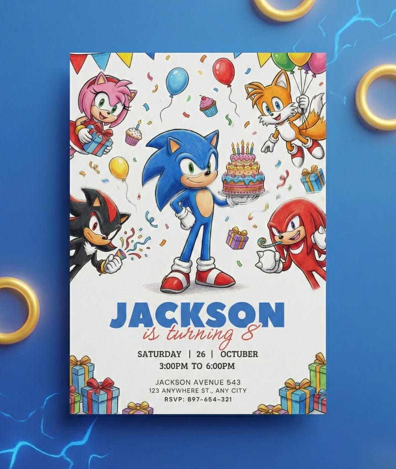Peut inclure: Une invitation d'anniversaire avec Sonic le H&eacute;risson et ses amis. L'invitation comprend le texte "Jackson a 8 ans" avec les d&eacute;tails de l'&eacute;v&eacute;nement. Des ballons color&eacute;s, des confettis et des cadeaux entourent les personnages.