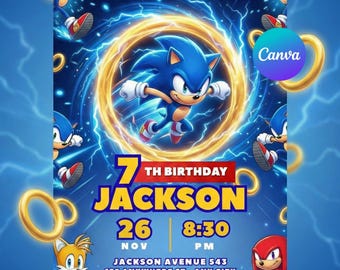 Faire-part d'anniversaire Sonic 3 modifiable, Sonic l'invitation de fête hérisson, invitation de jeu vidéo pour enfants, téléchargement immédiat Canva