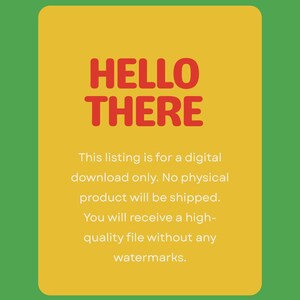 May include: A digital download announcement with a green background and a yellow rectangle. The text "HELLO THERE" is in red, and below it, the description states this is a digital download with no physical product.