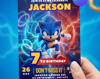 Faire-part d'anniversaire Sonic modifiable, invitation à une fête hérisson + étiquette de remerciement gratuite, modèle de toile, anniversaire de jeu vidéo, téléchargement numérique pour garçon fille