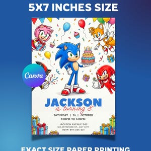Peut inclure: Invitation d'anniversaire de 12,7 x 17,8 cm avec Sonic le H&eacute;risson et ses amis. L'invitation comprend le texte "Jackson f&ecirc;te ses 8 ans" avec les d&eacute;tails de l'&eacute;v&eacute;nement. Ballons color&eacute;s, confettis et cadeaux d&eacute;corent le design.