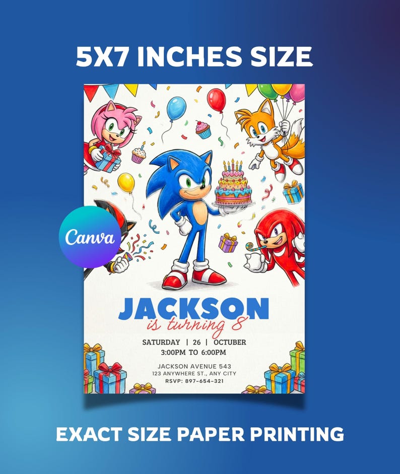 Peut inclure: Invitation d'anniversaire de 12,7 x 17,8 cm avec Sonic le H&eacute;risson et ses amis. L'invitation comprend le texte "Jackson f&ecirc;te ses 8 ans" avec les d&eacute;tails de l'&eacute;v&eacute;nement. Ballons color&eacute;s, confettis et cadeaux d&eacute;corent le design.