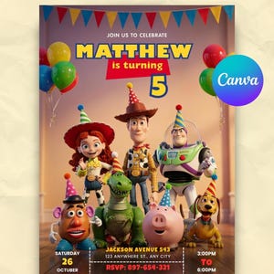 Può includere: Un biglietto d'invito per compleanno con i personaggi di Toy Story, tra cui Woody, Buzz Lightyear, Jessie, Rex, Mr. Potato Head, Slinky Dog e Hamm con cappellini da festa. Il testo recita: JOIN US TO CELEBRATE MATTHEW is turning 5, 26 OTTOBRE.