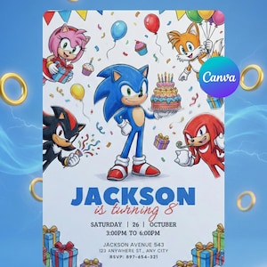 Peut inclure: Une invitation d'anniversaire avec Sonic le H&eacute;risson et ses amis. L'invitation comprend le texte "Jackson a 8 ans" avec les d&eacute;tails de l'&eacute;v&eacute;nement. Le design int&egrave;gre des ballons, des confettis et des bo&icirc;tes cadeaux, avec un code couleur bleu et or.