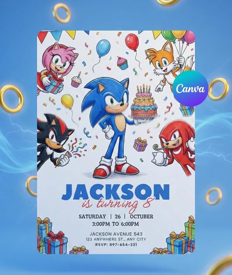 Peut inclure: Une invitation d'anniversaire avec Sonic le H&eacute;risson et ses amis. L'invitation comprend le texte "Jackson a 8 ans" avec les d&eacute;tails de l'&eacute;v&eacute;nement. Le design int&egrave;gre des ballons, des confettis et des bo&icirc;tes cadeaux, avec un code couleur bleu et or.