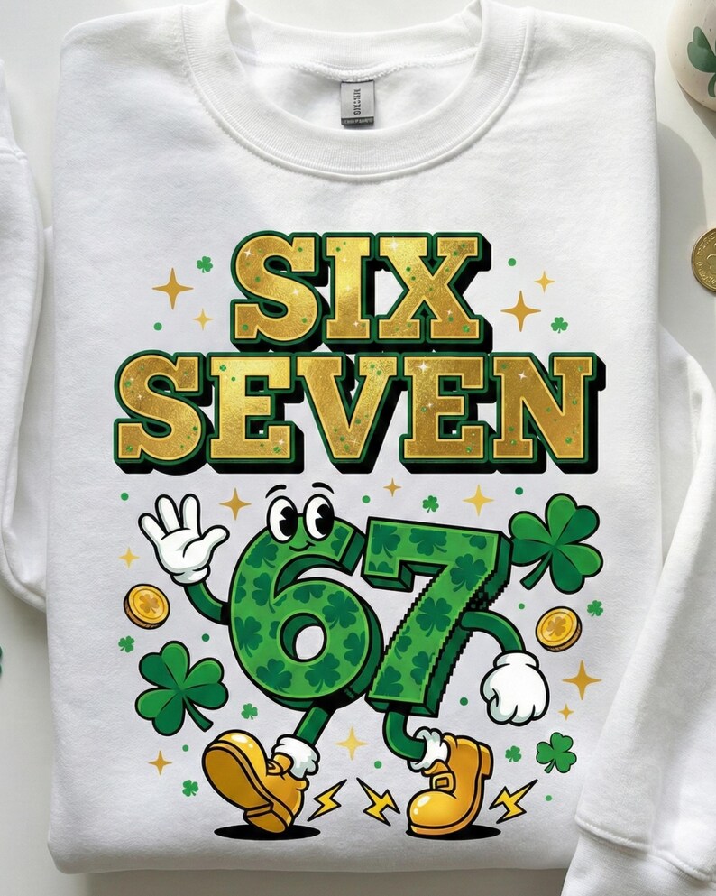 May include: White sweatshirt with a St. Patrick's Day design. The design features the words "SIX SEVEN" in gold and green, with a cartoon "67" wearing shoes and waving. Includes shamrocks, gold coins, and stars.