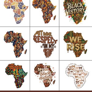 Può includere: Una collezione di nove grafiche PNG a tema Black History. I disegni presentano la forma del continente africano riempita di ritratti, testo e motivi. Il testo include "I Have a Dream", "Black History" e "We Rise".