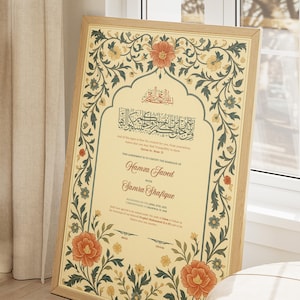 May include: A framed marriage certificate with ornate floral and scrollwork borders in shades of orange, yellow, and green. The certificate features Arabic calligraphy and the names "Hamza Javed" and "Samra Shafique" in elegant script.