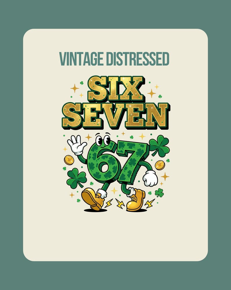 May include: Vintage distressed graphic featuring the words "SIX SEVEN" in gold lettering. The numbers 6 and 7 are anthropomorphic, green, and decorated with shamrocks. The design includes gold coins and stars, with the text "VINTAGE DISTRESSED" above.