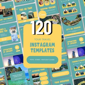 Puede incluir: Un conjunto de 120 plantillas de Instagram para viajes turísticos, en tonos turquesa y amarillo. Las plantillas están diseñadas para publicaciones, historias y portadas destacadas. La imagen incluye gráficos y texto relacionados con viajes, como "Disfruta tus vacaciones" y "Tours de aventura."
