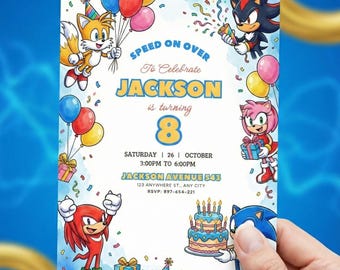Faire-part d'anniversaire Sonic modifiable, 3 invitations Sonic, modèle hérisson, jeu vidéo garçons filles, téléchargement immédiat Canva, ombre numérique