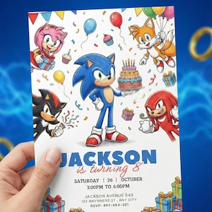 Peut inclure: Une invitation d'anniversaire avec Sonic le H&eacute;risson et ses amis. L'invitation comprend le texte "JACKSON f&ecirc;te ses 8 ans" avec les d&eacute;tails de la f&ecirc;te. Le design comprend des ballons color&eacute;s, des confettis et un g&acirc;teau d'anniversaire.