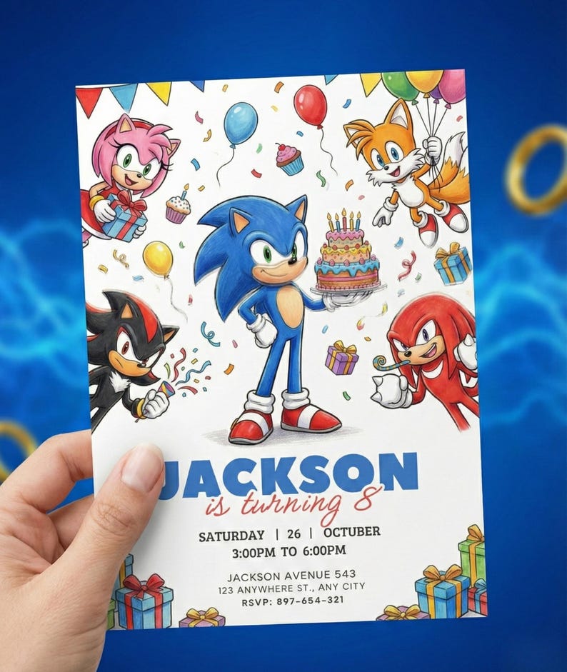 Peut inclure: Une invitation d'anniversaire avec Sonic le H&eacute;risson et ses amis. L'invitation comprend le texte "JACKSON f&ecirc;te ses 8 ans" avec les d&eacute;tails de la f&ecirc;te. Le design comprend des ballons color&eacute;s, des confettis et un g&acirc;teau d'anniversaire.