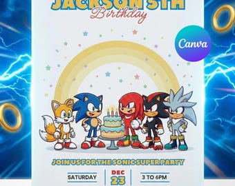 Faire-part d'anniversaire modifiable Sonic, modèle d'invitation de fête hérisson, anniversaire jeu vidéo, téléchargement numérique imprimable, canva edit garçon fille