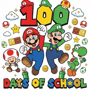 May include: A colorful graphic featuring Mario and Luigi, with the number "100" and the text "Days of School". The image includes stars, coins, mushrooms, and Yoshi, all in a cartoon style.