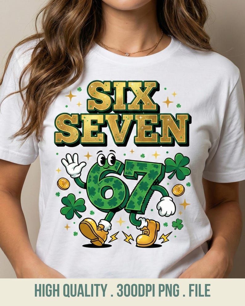 May include: White t-shirt with a St. Patrick's Day graphic. The design features the words "SIX SEVEN" in gold lettering above a cartoon figure of the numbers 6 and 7, decorated with shamrocks and gold coins. The shirt also has the text "HIGH QUALITY . 300DPI PNG . FILE".