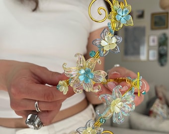 Gold arm cuff with blue and yellow lily blossoms / Gold bangles / Upper arm jewelry / Floral fairycore upper arm cuff / Whimsy jewelry