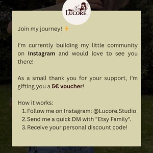 May include: A promotional graphic with the text "Join my journey!" and details about a 5&euro; voucher. The graphic encourages following on Instagram at @Lucore.Studio and sending a DM with "Etsy Family". The Lucore logo is in the top corner.