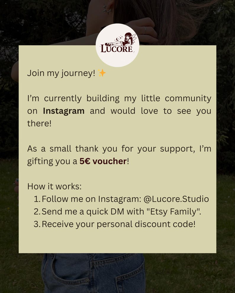 May include: A promotional graphic with the text "Join my journey!" and details about a 5&euro; voucher. The graphic encourages following on Instagram at @Lucore.Studio and sending a DM with "Etsy Family". The Lucore logo is in the top corner.