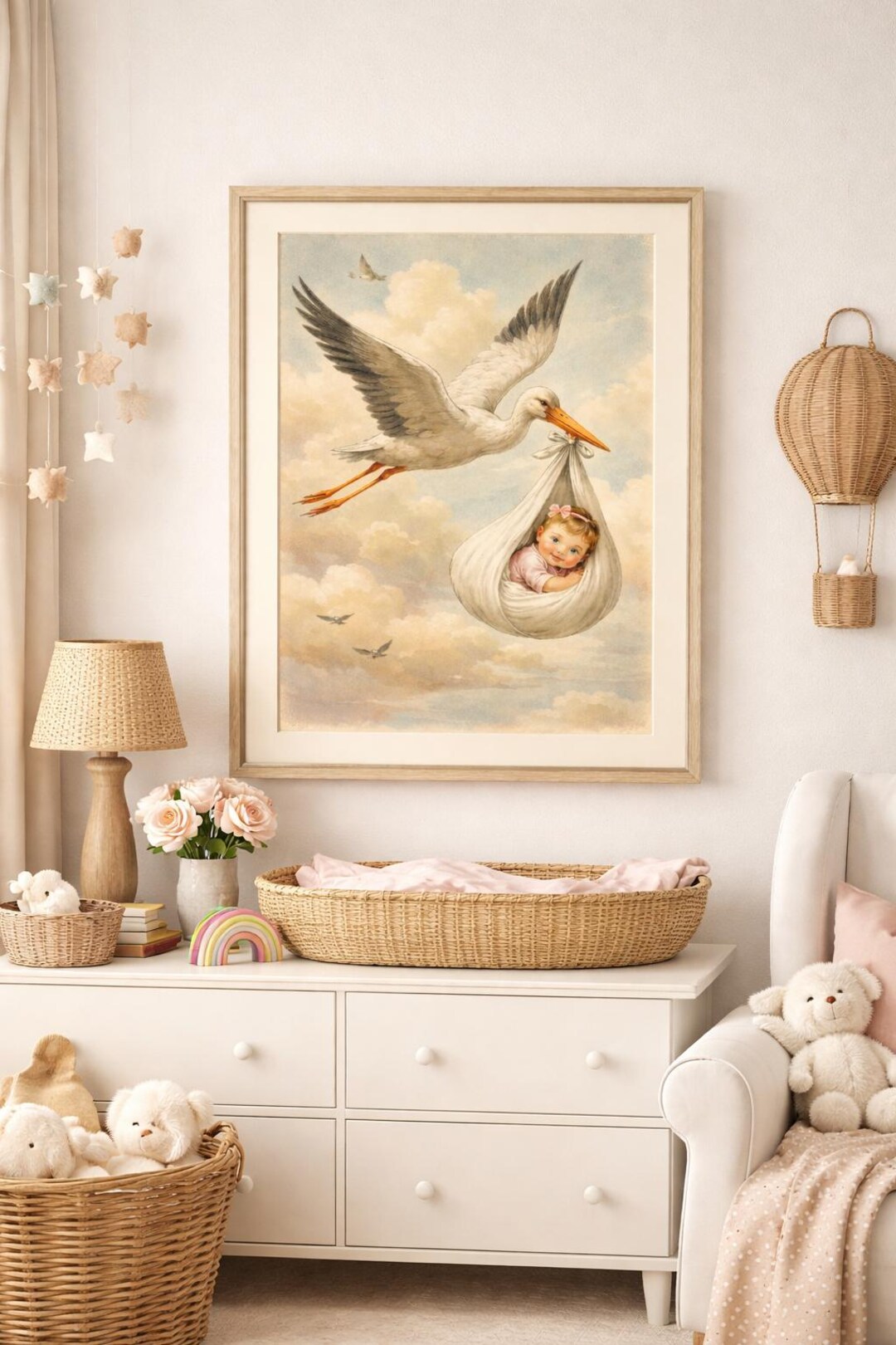Storks Storybook Vintage Stork Baby Girl Nursery Art, Storybook Illustration (digital ...