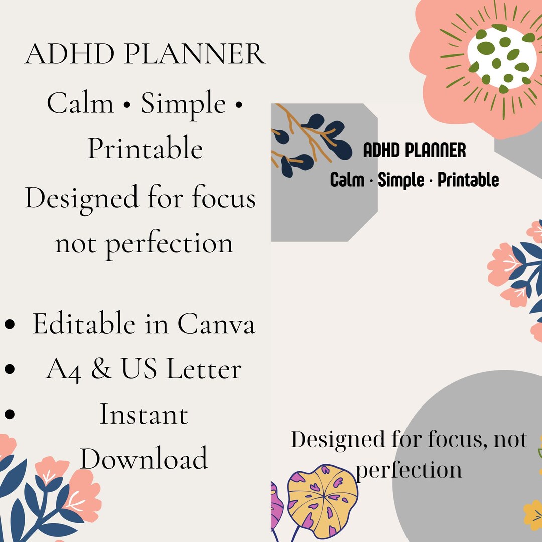 ADHD Planner Printable | Editable Canva Planner | Calm Minimal Daily ...