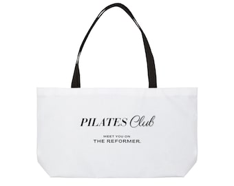 Pilates Club Treffen Sie auf dem Resonanzkörper 24x13 Tasche | Solide Weisse Weekender Tasche, Schwarze Schrift