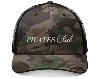 Pilates Club Camo Trucker Hat | Embroidered Pilates Cap | Trendy Fitness Apparel