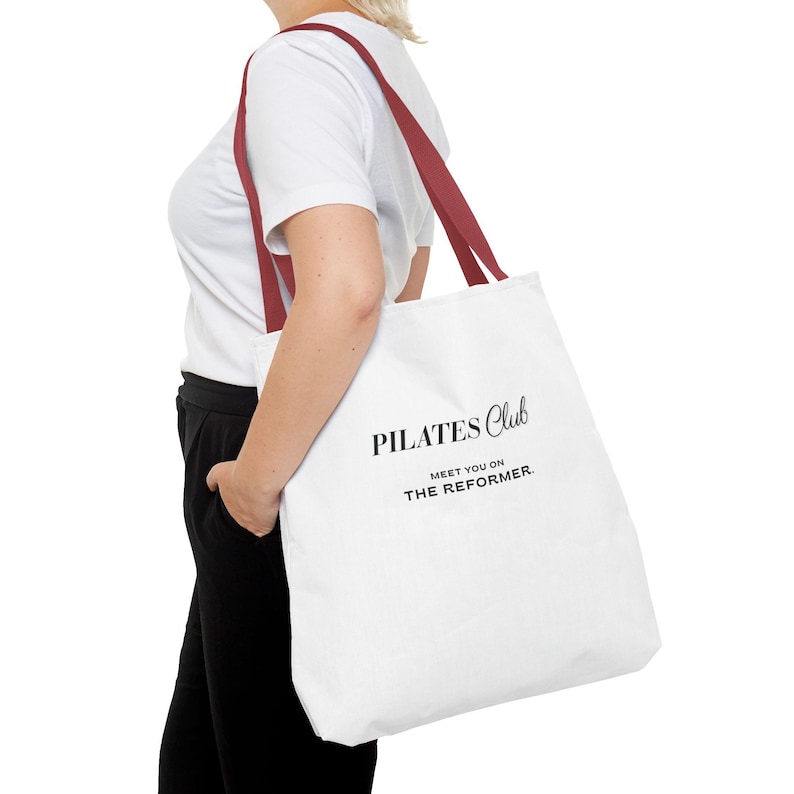 Pilates Club Tote Bag 18x18 | Black Lettering Reformer Tote image 4