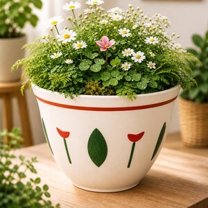 May include: A white ceramic planter with a red rim and green and red painted designs, filled with daisies and greenery. The planter has the text "HAND-PAINTED with care", "3 SIZE OPTIONS S.M.L", and "LIGHTWEIGHT durable & sturdy".