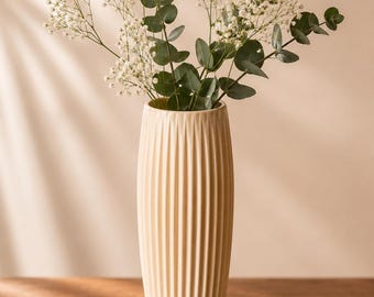 Custom Ribbed Vase – Minimalist Modern Flower Vase – 3D Printed Home Decor – Neutral Desk Vase – Scandinavian Style Bud Vase