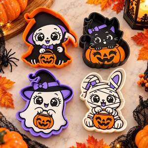 Halloween Trinket Tray 3D Print Bundle, 4 Cute Spooky Designs, Ghost Witch, Mummy Bunny, Grim Reaper, Black Cat 3MF