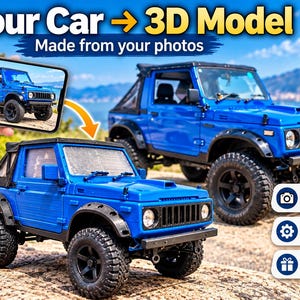 May include: A blue 3D model of a car with black wheels and a black soft top, displayed alongside a smartphone showing the same vehicle. Text reads: Your Car 3D Model, Made from your photos, Send Your Photos, Custom 3D Model, Perfect Gift.