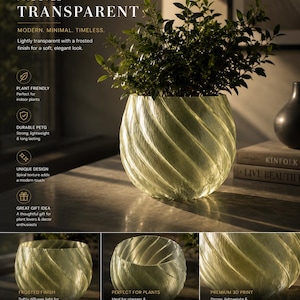 May include: Frosted transparent vase with a spiral texture, holding a green plant. The vase has a frosted finish and is designed for indoor plants. The design is modern and minimalist.