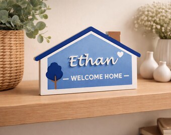 Personalized New Home Sign, Housewarming Gift, Custom Name House Sign, Welcome Home Shelf Decor, New House Gift, Blue or Pink, 6 or 8 Inch