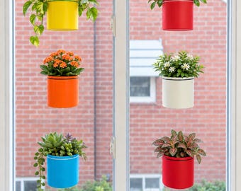 May include: Six cylindrical hanging planters in yellow, orange, blue, red, white, and red, each containing a different plant. The planters are attached to a window pane, displaying a pothos, orange flowers, succulents, pink flowers, white flowers, and a fittonia.