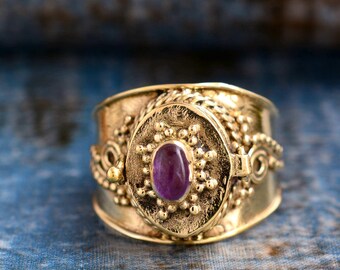 Natural Amethyst Secret Compartment Ring Renaissance Style Gold Vermeil