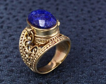 Bague empoisonnée vintage en lapis lazuli bleu avec compartiment en or, bague secrète ovale européenne vintage
