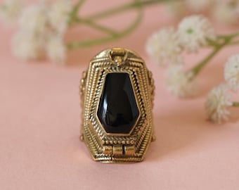 Black Onyx Hexagon Poison Ring Gold Plated Medieval Revival Design