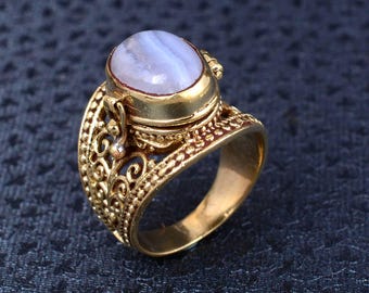 Bague empoisonnée vintage en agate bleue avec compartiment en dentelle, médaillon secret ovale européen vintage