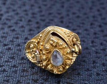 Labradorite Teardrop Cabochon Poison Ring Gold Plated Medieval Revival