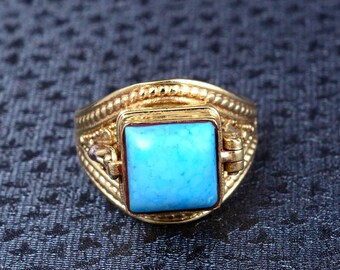 Bague empoisonnée vintage en larimar bleu avec compartiment en or, bague secrète européenne carrée vintage