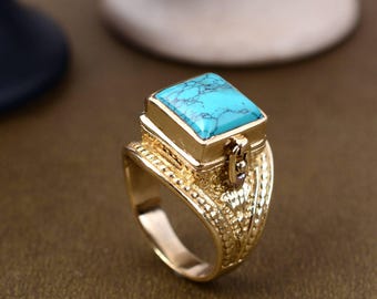 Bague empoisonnée vintage bleu turquoise avec compartiment à compartiments, bague secrète européenne carrée
