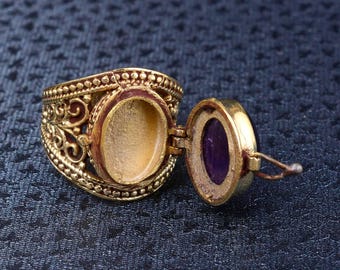 Natural Amethyst Secret Compartment Ring Renaissance Style Gold Vermeil